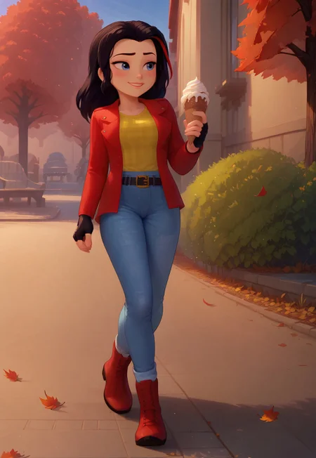score_9, score_8_up, score_7_up, source_anime, Expressiveh, solo, looking away, blush, vicky_legofriends, black hair, streaked hair, jeans, fingerless gloves, red jacket, yellow shirt, boots, belt, smile, closeup, cinematic, falling leaves, dusk, park, holding an Ice cream, dynamic angle, walking,