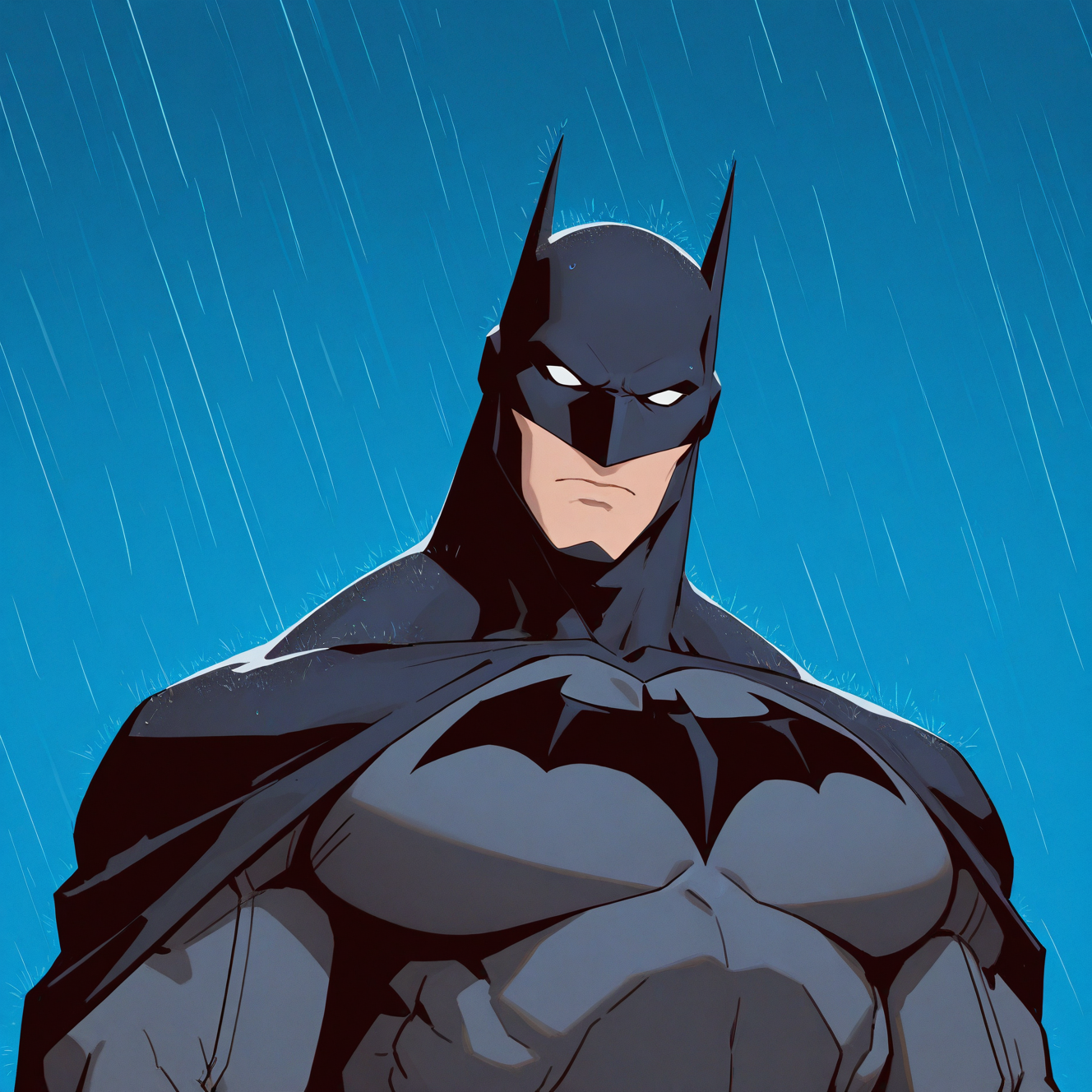 <lora:BATMAN_DCAMU:1> batman_dcamu, solo, looking at viewer, simple background, 1boy, closed mouth, upper body, male focus, cape, mask, bodysuit, blue background, frown, animal print, meme, rain, serious, black bodysuit, black cape, white eyes, no pupils, blank eyes, superhero, bat print, bat ears, grey bodysuit, muscular, muscular male, detailed background, motion blur, film grain, abstract, natural lighting, fantasy, cinematic, very awa, masterpiece, best quality, absurdres, newest, perfect quality, detailed background, intricate details, (artist:fl \(l-fl\):0.7), (artist:tooboshoo:0.7), (artist:dizdoodz:0.8)
