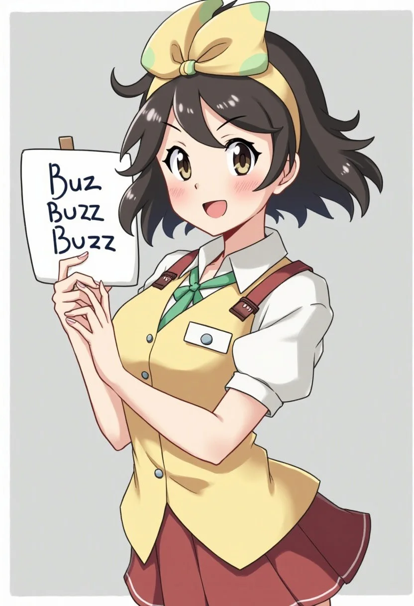 anime girl from pokemon series holding sign it say "buzz buzz buzz"
