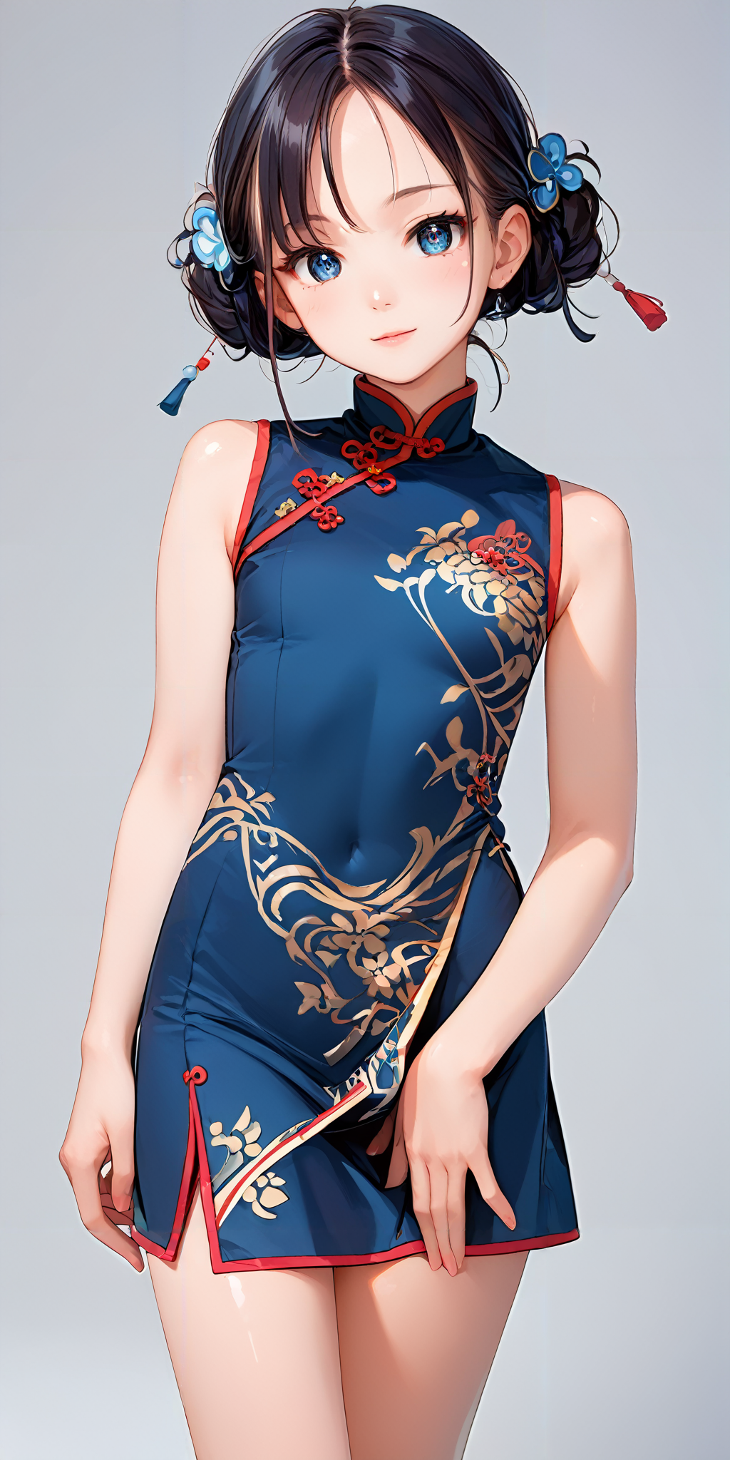 score_9, score_8_up, score_7_up,source_anime, high res image,masterpiece,best quality,girl,cute face,clear skin,shiny hair,ultra detailed eyes,simple background,<lora:test_Pony_V2.0:1>jyojifuku,china dress,skirt