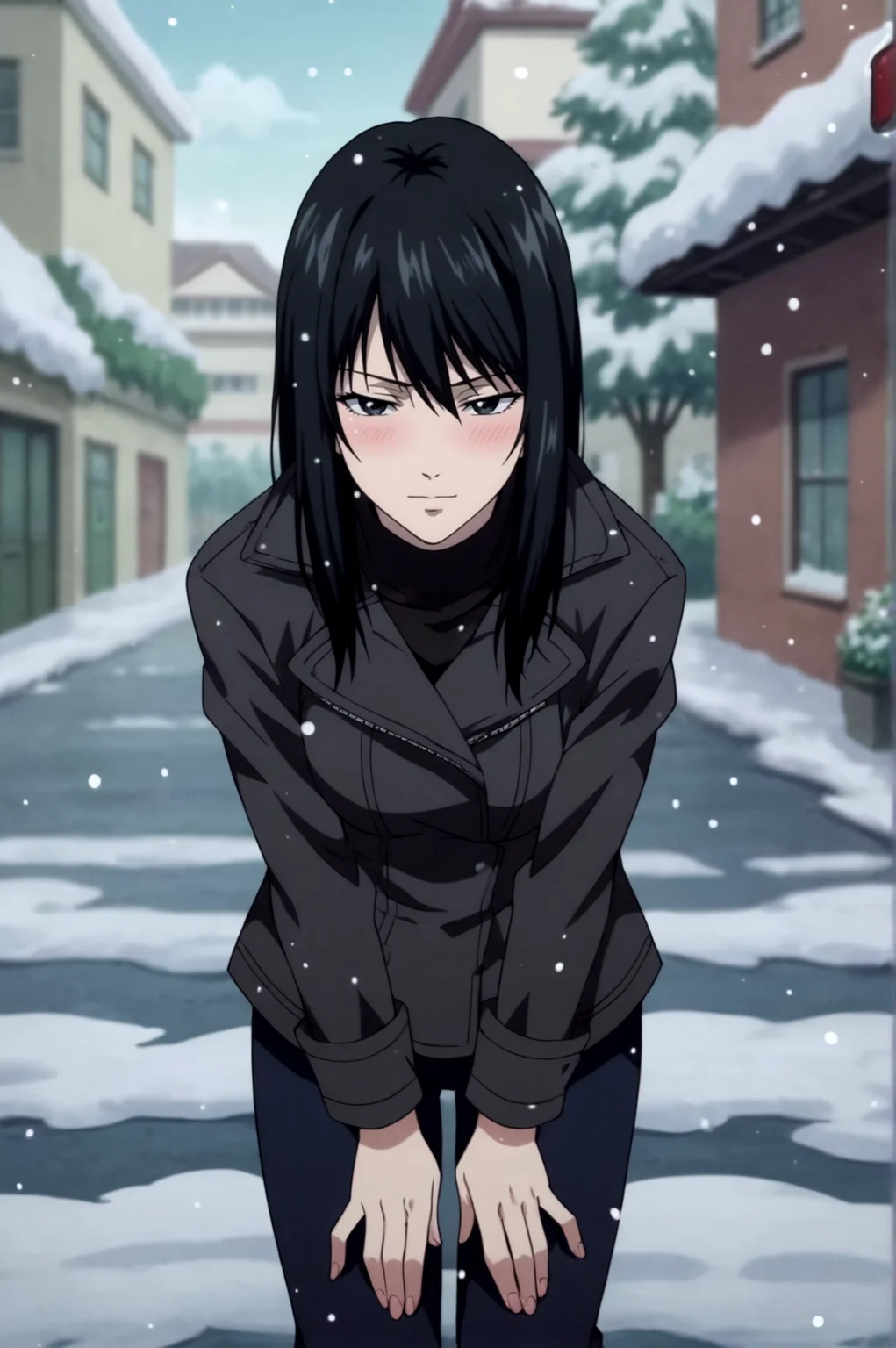 score_9, score_8_up, score_7_up,anime_source, source_anime, best background, detailed background, anime screencap, Naomi Misora,outdoors, coat, street, snow, soft particles, blush, naughty face, horny, bent over, pale skin, <lora:JN_Naomi_Misora:0.8>