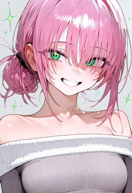<lora:EatSleep1111StyleSDXL11:1>, best quality, masterpiece, very awa, eatsleep1111, 1girl, smile, green eyes, pink hair, looking at viewer, off-shoulder sweater, collarbone, blush, medium breasts, upper body, bare shoulders, grin, off shoulder, grey sweater, teeth, simple background, ribbed sweater, sparkle, white sweater, hair over eyes, short hair, grey background, hair between eyes