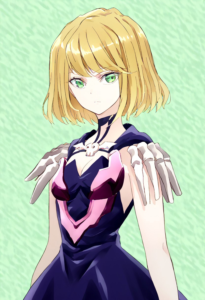 score_9, score_8_up, score_7_up, score_6_up, score_5_up, score_4_up, source_anime, 1girl, solo, 
Desumi_Shinigami, blonde hair, green eyes, short hair, dress, 
masterpiece, best quality, very aesthetic, absurdres,