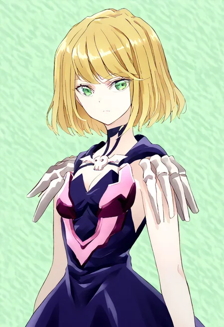 score_9, score_8_up, score_7_up, score_6_up, score_5_up, score_4_up, source_anime, 1girl, solo, 
Desumi_Shinigami, blonde hair, green eyes, short hair, dress, 
masterpiece, best quality, very aesthetic, absurdres,