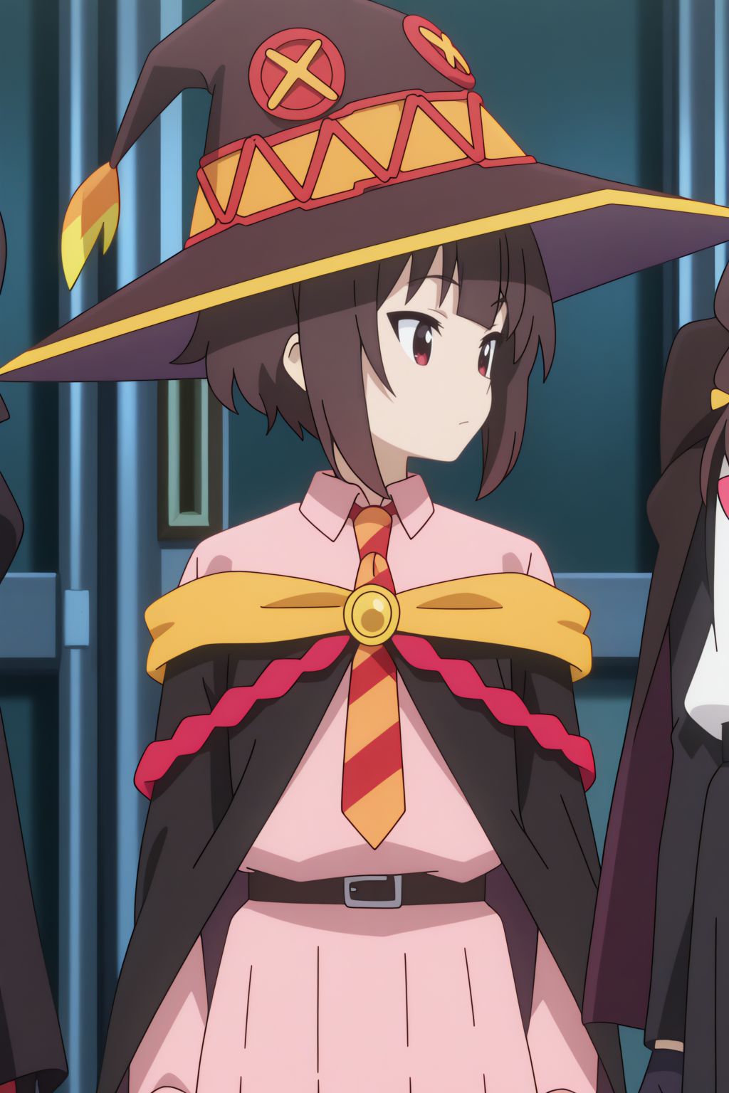 upper body,  Megumin, black belt, black cape, black cloak, black gloves, black headwear, cloak, pink dress, school uniform, striped necktie, witch hat, brown footwear  <lora:Konosuba_Bakuen_-_Megumin_-_illustrious:0.8>