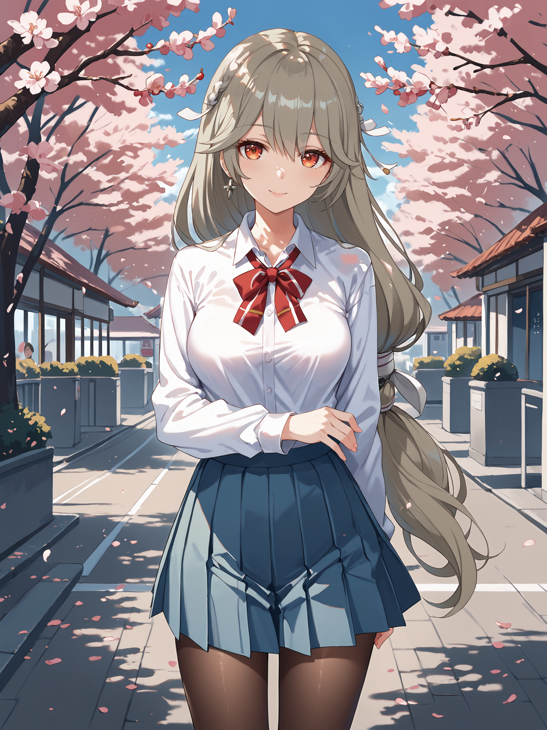 1girl, alexandrina sebastiane, solo, low-tie long hair, hair ribbon, school uniform, white shirt, sweater, pleated skirt, pantyhose, light smile, looking at viewer, outdoors, street, cherry blossoms, petals, depth of field <lora:Char-ZZZ-AlexandrinaSebastiane-pony-V1:1>, score_9, score_8_up, score_7_up, source_anime