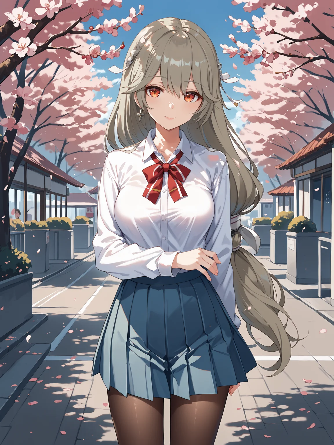 1girl, alexandrina sebastiane, solo, low-tie long hair, hair ribbon, school uniform, white shirt, sweater, pleated skirt, pantyhose, light smile, looking at viewer, outdoors, street, cherry blossoms, petals, depth of field <lora:Char-ZZZ-AlexandrinaSebastiane-pony-V1:1>, score_9, score_8_up, score_7_up, source_anime