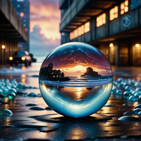 Jed-Gball, Jed-Glassball, <lora:Jed-Glassball:0.7>, painting, desolate street, hip level shot of a (seascape:1.2) , background is Mean Parking garage, at Sunset, Embossing, Depth of field 100mm, hearthstone artwork, painterly, dungeons and dragons, extremely stylish, original, perfect composition, perfect symmetry, illustrious quality, cool colors, pure