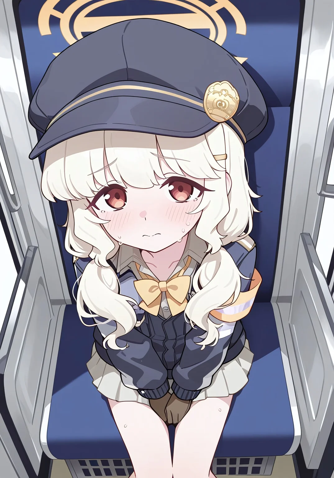 (best quality,8K, masterpiece：1.3),anime,very aesthetic, absurdres，featured ，finely detail，((extremely detailed)),illustration,Amazing,highres,intricate detail,female focus, (beautiful detailed girl)，dynamic pose, delicate facial features, soft lighting, clean lineart, anime style, gradient hair shading,

(bluearchive_style:1.3),aoba_(blue_archive), 1girl, solo, halo,from above, looking at viewer, hands between crotch, flat chest, hat, blonde, low twin tails, hair over shoulder, jacket, yellow bow tie, beige collared shirt, armband, beige skirt, brown gloves, nervous, sweat drop, train interior, 
