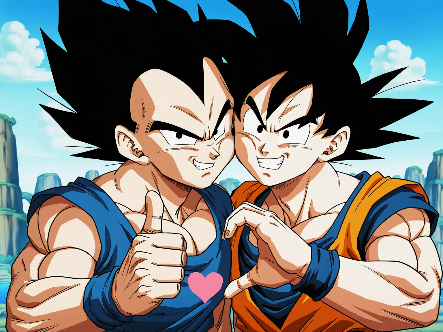2boys, son goku, vegeta, dragon ball z, standing, facing viewer, cheek-to-cheek, upper body, smile, angry, thumbs up, heart hands failure,
masterpiece, best quality, great quality, high quality, highres, offcial art, absurdres, very aesthetic, game cg, anime screenshot,