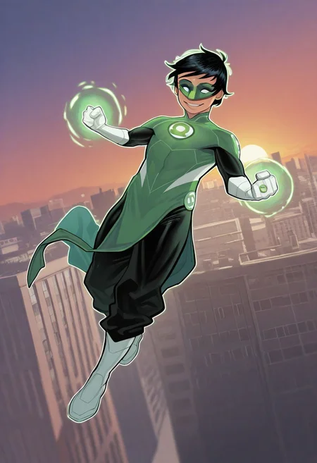 masterpiece, absurdres, high quality, perfect anatomy, 1boy, solo, cute boy, male focus, TaiPham, Black Hair, Green Lantern Ring, Green Lantern Costume, Green and Black Bodysuit, Green Domino Mask, White Eyes, White Gloves, Pelvic Curtain, Black Pants, White Shoes, Glowing Green Outline, Green Energy Aura, floating, levitating, big smile, cinematic, intricately detailed illustration, depth of field, masterpiece, best quality, amazing quality, very aesthetic, absurdres, newest, very awa, shadow, dynamic angle, casual cosplay, dynamic pose, flying, city, sunset,