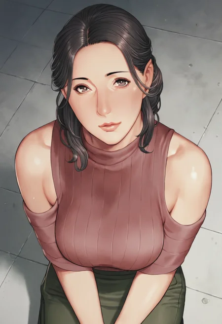 score_9, score_8_up, score_7_up, 1girl, mature_female, large_breasts, portrait, solo, Kneeling with head bowed, from_above, (Magenta Fatigues), Black hair, cropped_shoulders, rating_safe, <lora:pony\artist_styles\takasugi_kou_pony:1.0>