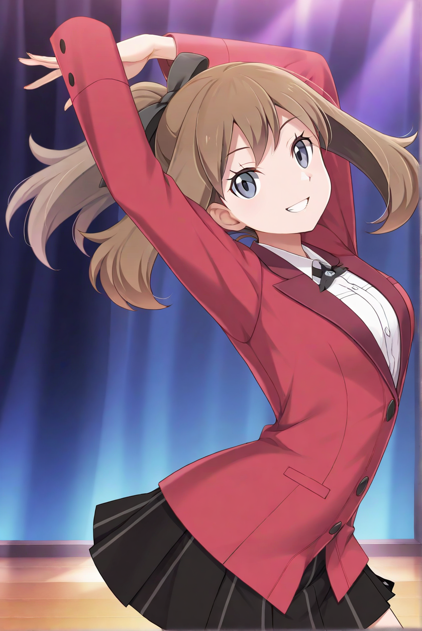 sensitive,1girl,solo,(may \(pokemon\):0.9),dancing,grin,<lora:kizuna_school_uniform-000004>,kizuna uniform,collared shirt,black bowtie,plaid skirt,