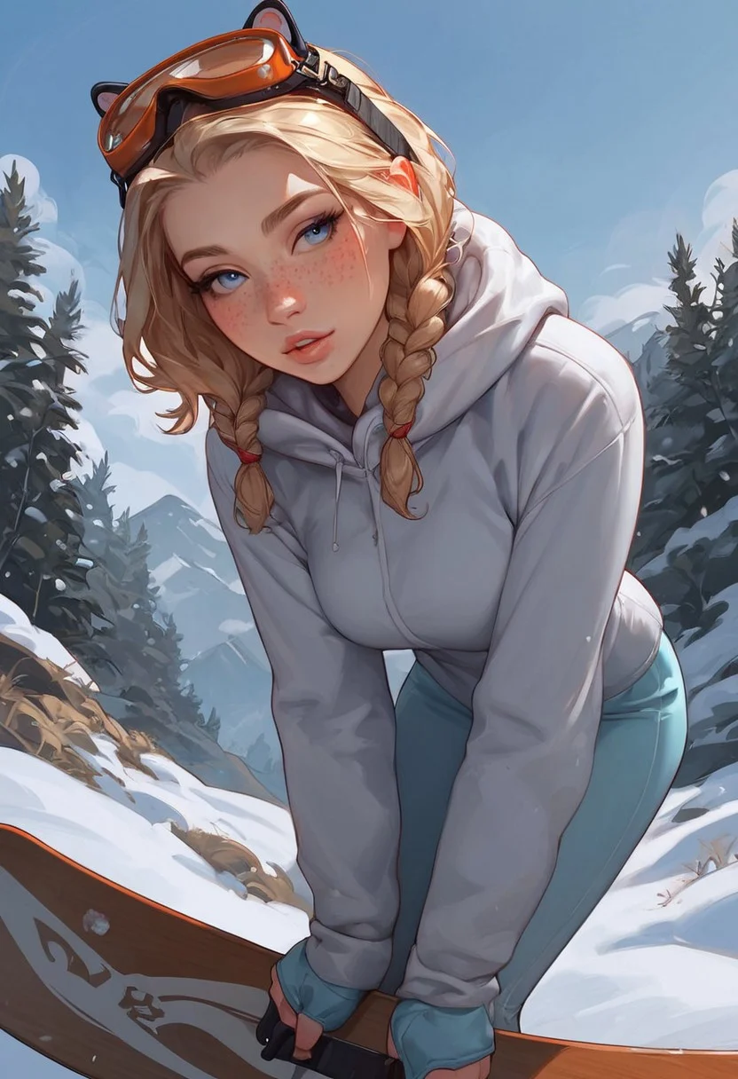 PG-13, score_9, score_8_up, score_7_up, score_6_up, score_5_up, score_4_up, Expressiveh, 18 year old girl, cute innocent girl, petite, slender body, large perky round breasts, ((freckles)), ((full pouty lips)), slim legs, braided BLONDE hair,
1girl, solo, posing, bending over, leaning on snowboard, low angle, flashing boobs,
fully dressed, clothed, wearing tight snow onesie, skiing outfit, tight snow pants, winter clothes, ski goggles and headband
in the snow on a mountain side, next to wooden chalet in the swiss alps, snow covered, sunny weather, snowy mountain panorama in the background
