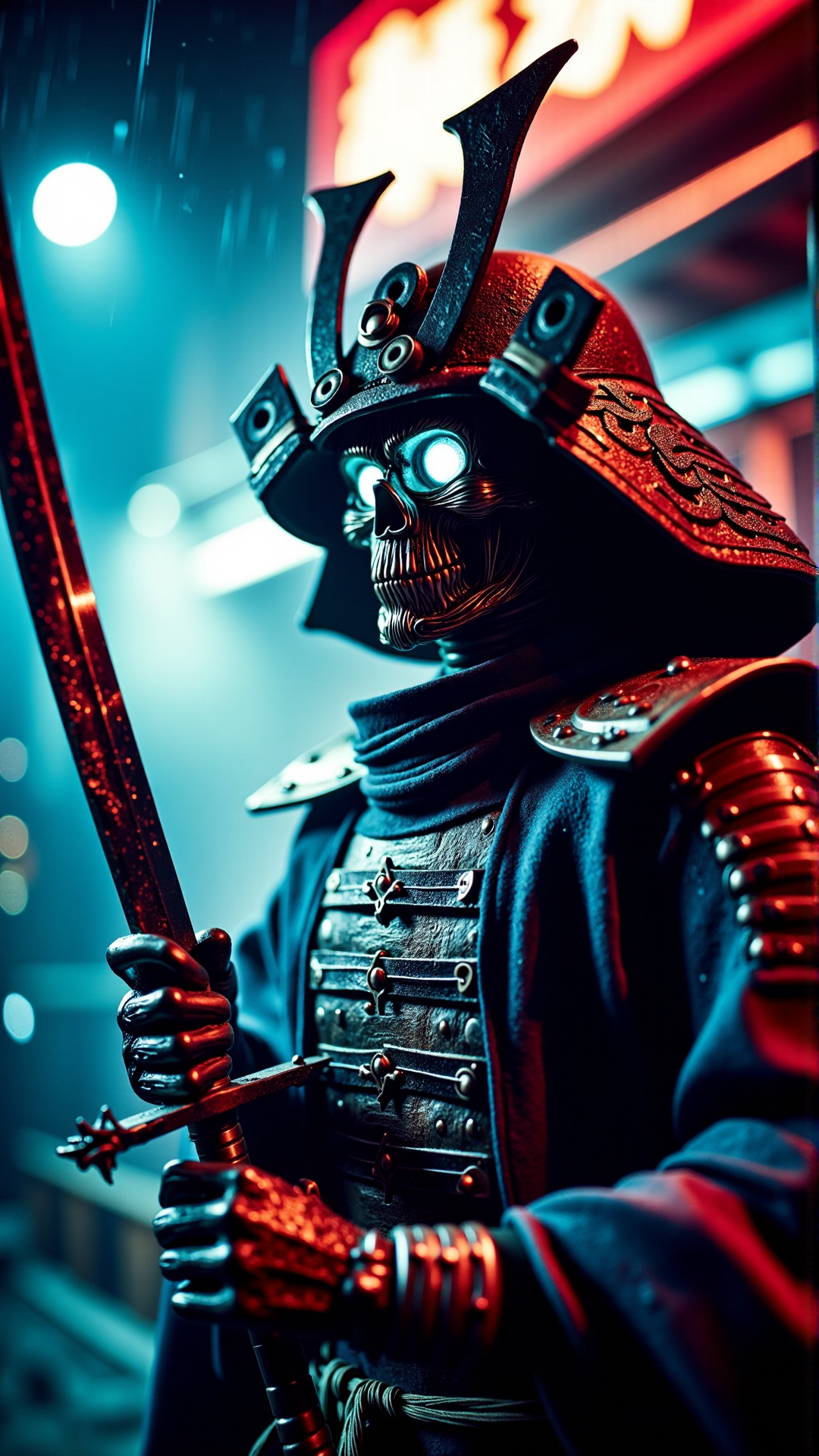 A realistic photo of a halloween Robotic samurai in futuristic Tokyo, neon lights, rainy night, cyberpunk atmosphere, metallic textures, glowing eyes, action pose, sword held high, reflections, vibrant colors, bokeh background, sharp details, high contrast, dramatic shadows.<lora:DarkmosphericFlux:1>