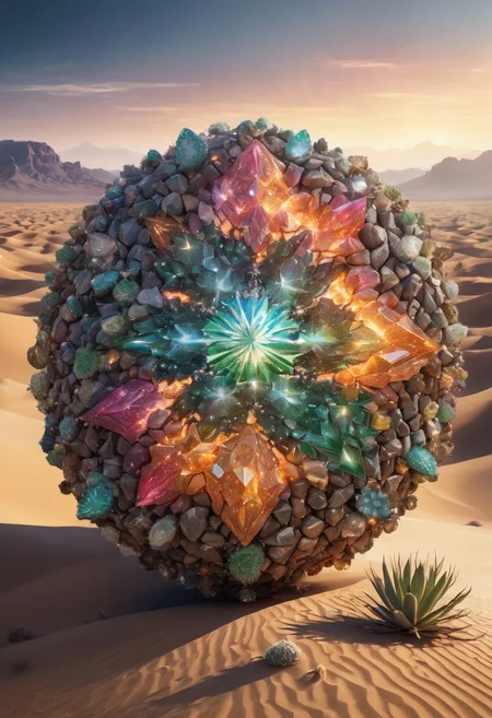 An awe-inspiring earth elemental made out of diamonds and rocks in an arid desert, sand, cactus, sun, prismatic, cinematic, colorful, style-nebmagic