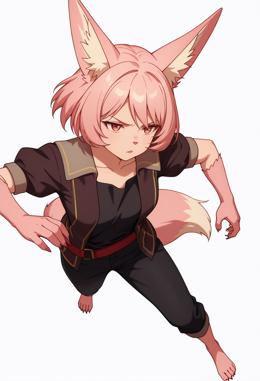 Smooth Quality,masterpiece,very intricate, high quality details, ultra realistic, high detailed skin,detailed enviorement,absurdres,
simple background, white background, dancing, solo,from above,
 <lora:Til_CNR:0.8> til_cnr, 1girl,pink hair, short hair, bangs, red eyes, animal ears, fox ears, animal ear fluff, fox tail, furry female, animal hands, claws, black shirt,open jacket,puffy short sleeves,black pants, belt,barefoot,, annoyed,, :<,