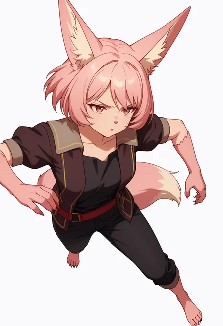 Smooth Quality,masterpiece,very intricate, high quality details, ultra realistic, high detailed skin,detailed enviorement,absurdres,
simple background, white background, dancing, solo,from above,
<lora:Til_CNR:0.8> til_cnr, 1girl,pink hair, short hair, bangs, red eyes, animal ears, fox ears, animal ear fluff, fox tail, furry female, animal hands, claws, black shirt,open jacket,puffy short sleeves,black pants, belt,barefoot,, annoyed,, :<,