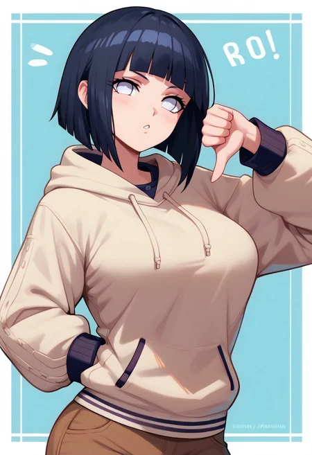 score_9, score_8_up, score_8, big breasts, (curvy), cute, eyelashes,     
<lora:thumbs-down-ponyxl-lora-nochekaiser:1>, thumbs down,
patHinata, hyuuga hinata, white eyes, short hair, bangs, black hair, blunt bangs, large breasts, long sleeves, shorts, socks, hood, kneehighs, hoodie, sandals, hood down, black socks, brown shorts,
zPDXL,
upper body