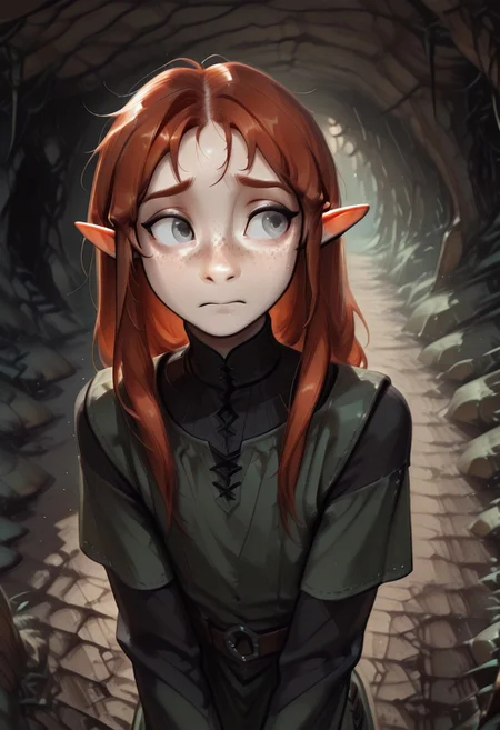 1person, solo, Lapanya, Malgha, freckles, pointy ears, Long-sleeve black shirt, green tunic,
looking to the side, looking away from viewer, high angle, nervous expression,
Underground, organic cavern,
Masterpiece, high quality, highly detailed, perfect eyes, detailed freckles,