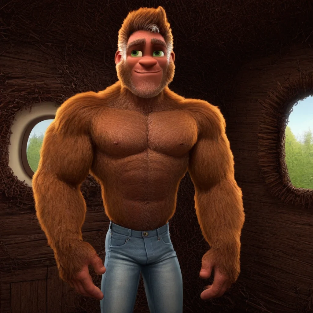 bigfoot, hairy, tall, muscular, bara, green eyes, wearing jeans, in a house, brown fur, solo, alone, slight smile