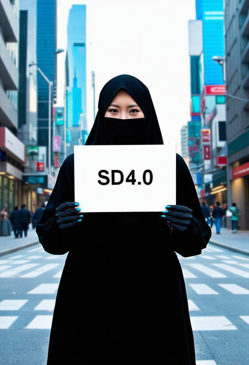 A very beautiful woman with a pretty face and a perfect body, wearing burka, holding a sign saying "SD 4.0", in a futuristic city