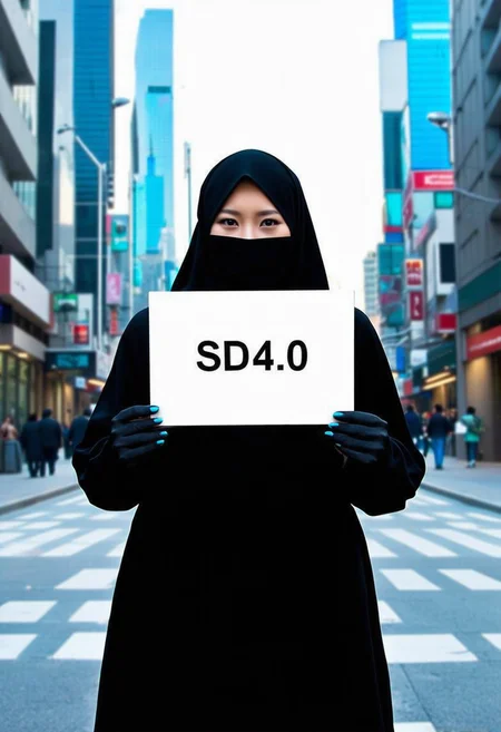 A very beautiful woman with a pretty face and a perfect body, wearing burka, holding a sign saying "SD 4.0", in a futuristic city