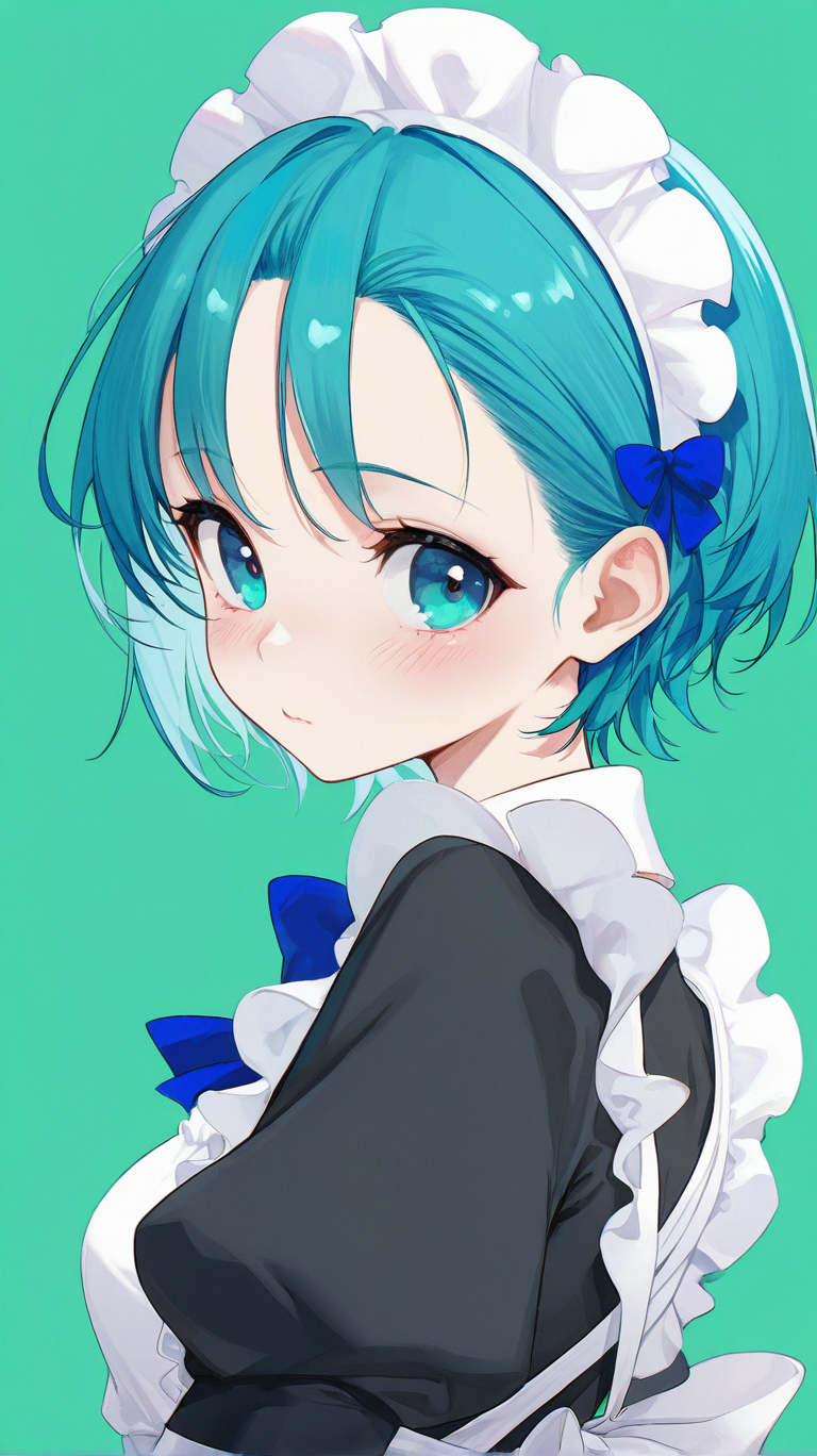 1girl, solo, looking_at_viewer, blush, short_hair, bangs, blue_eyes, simple_background, dress, bow, closed_mouth, blue_hair, upper_body, frills, puffy_sleeves, bowtie, apron, from_side, aqua_eyes, maid, maid_headdress, blue_bow, white_apron, maid_apron, green_background, aqua_background
