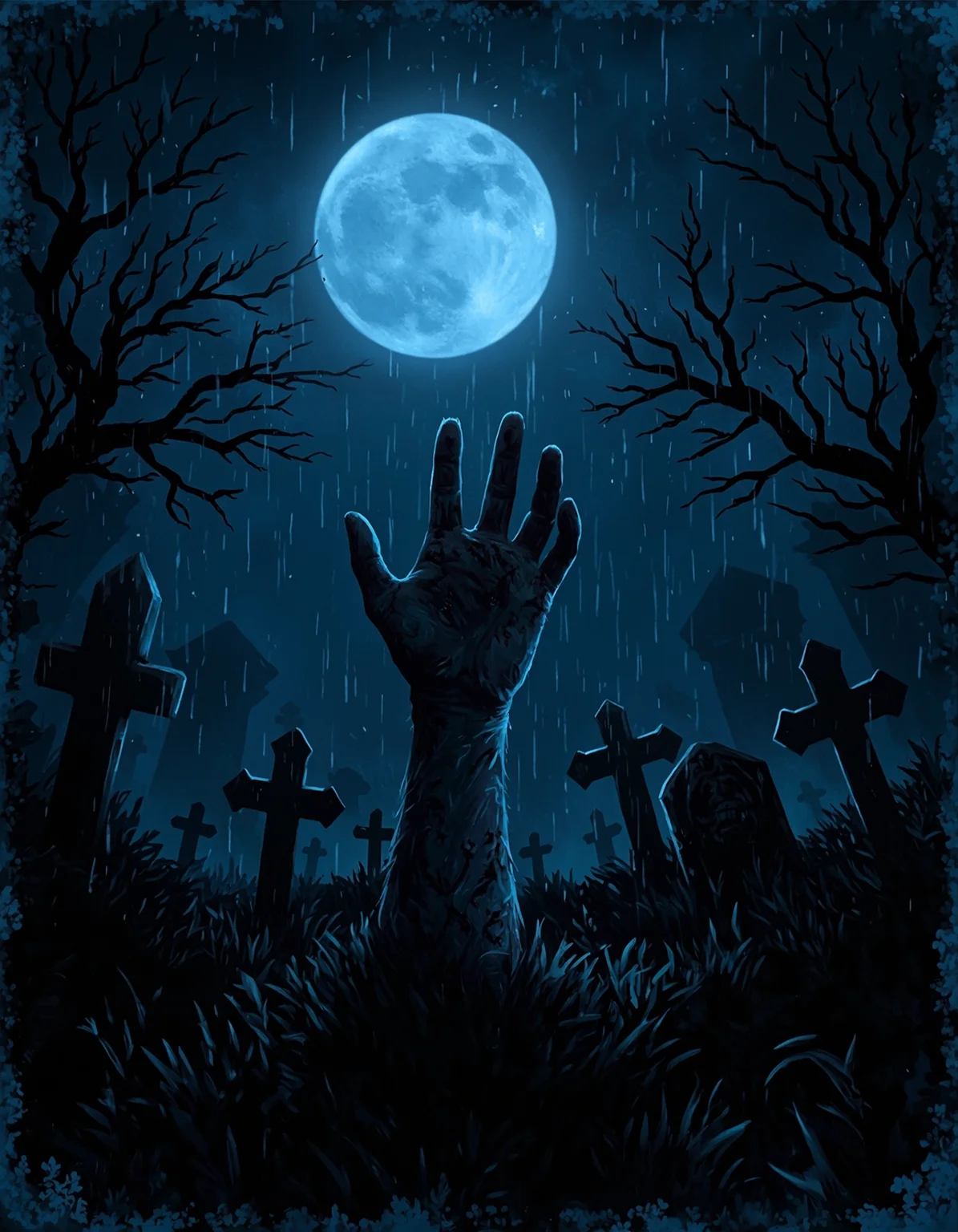 A hand rising from the ground under a full moon in a creepy graveyard, digital art, tags: zombie hand, full moon, rainy night, graves, barren trees, eerie atmosphere, dark blue tones, spooky, horror concept, undead, Halloween theme, silhouette, moonlight, heavy rain, digital painting, fantasy, gothic ambience, nocturnal scene, supernatural, distressed texture, cemetery, foreboding.