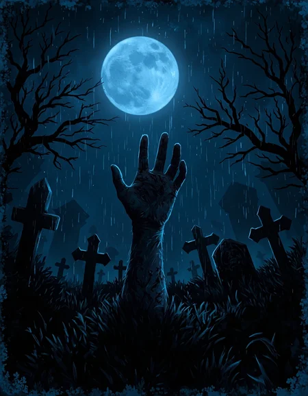 A hand rising from the ground under a full moon in a creepy graveyard, digital art, tags: zombie hand, full moon, rainy night, graves, barren trees, eerie atmosphere, dark blue tones, spooky, horror concept, undead, Halloween theme, silhouette, moonlight, heavy rain, digital painting, fantasy, gothic ambience, nocturnal scene, supernatural, distressed texture, cemetery, foreboding.