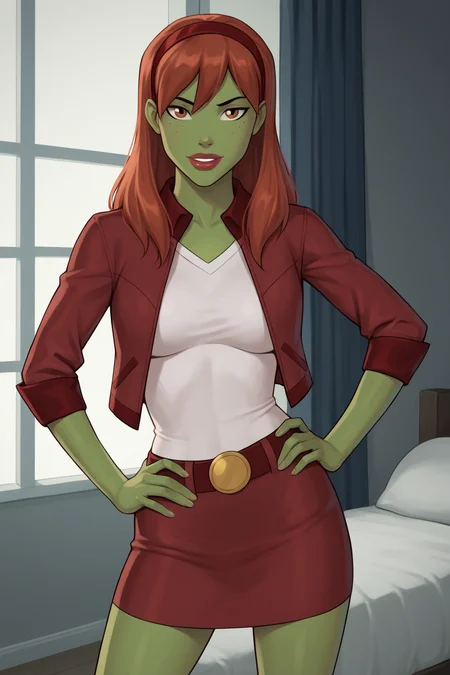 PonyXLV6_Scores BREAK (perfect anatomy, perfect eyes) BREAK <lora:Miss_MartianV2:0.8> mgann morzz, long hair, red hair, colored skin, green skin, freckles, brown eyes, makeup, lipstick, flirting, raised eyebrow, ((looking at viewer)), hairband, red jacket, belt, red skirt, kneehigh socks, curvy, toned, athletic, standing, hands on hip, sexually suggestive pose, indoors