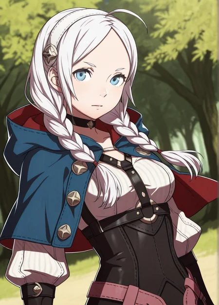 masterpiece, best quality, amazing quality, very aesthetic, absurdres, newest, detailed background, cowboy shot, outdoors, dynamic angle,
fireemblemxd, 1girl, harness, ahoge, hooded capelet, chest harness, braid, solo, twin braids, capelet, hairband, hood, leather, bangs, breasts, blue eyes, long hair, medium breasts, upper body, bridal gauntlets, twintails, parted bangs, white hair, white hairband, buttons, closed mouth, turtleneck, low twintails, choker, hood down
looking at viewer, dynamic pose,
<lora:Fire_Emblem_Style:1>