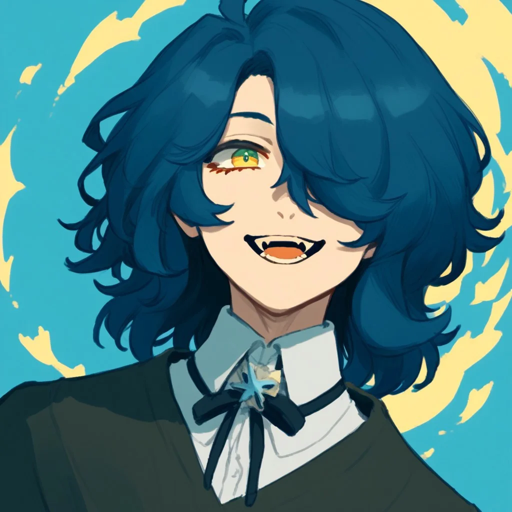 score_9, score_8_up, score_7_up, score_6_up, source_anime, solo, csr style,
---------------------
blue hair, multicolored eyes, orange eyes, yellow eyes, green eyes, fangs, hair over one eye, medium hair
---------------------
v,
---------------------
looking at viewer, smile, wave
---------------------