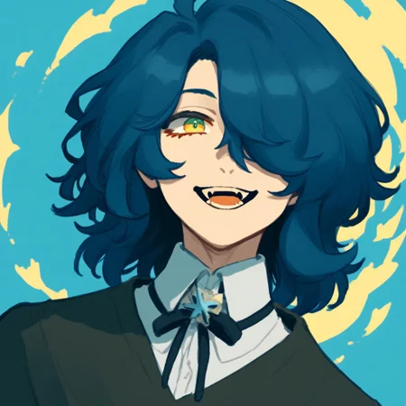 score_9, score_8_up, score_7_up, score_6_up, source_anime, solo, csr style,
---------------------
blue hair, multicolored eyes, orange eyes, yellow eyes, green eyes, fangs, hair over one eye, medium hair
---------------------
v,
---------------------
looking at viewer, smile, wave 
---------------------