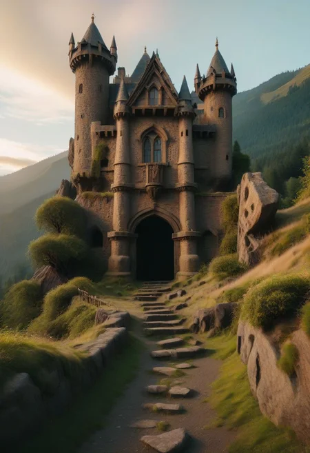 raw photo, a sunset landscape, oregon mountains, forested ravine cliffs, cozy, photorealistic, abandoned Towering Stone gateway entry into dark the side of cliff, dwarven, high fantasy style, high detailed texture, 8k uhd, dslr, soft lighting, high quality, film grain, Fujifilm XT3, Sony A7 IV, highly detailed photography, (muted colors, cinematic, dim colors, soothing tones:1.2), vibrant, insanely detailed, hyperdetailed, (dark shot:1.2), (vsco:0.3), (intricate details:0.9), (hdr, hyperdetailed:1.2) (highest coherency: 1.39) (highest quality: 1.39) (rule-of-thirds) (award-winning) (masterclass) (highest resolution: 1.39) (castle architecture built into cliff) (starfort: 1.1) (protruding from hillside)