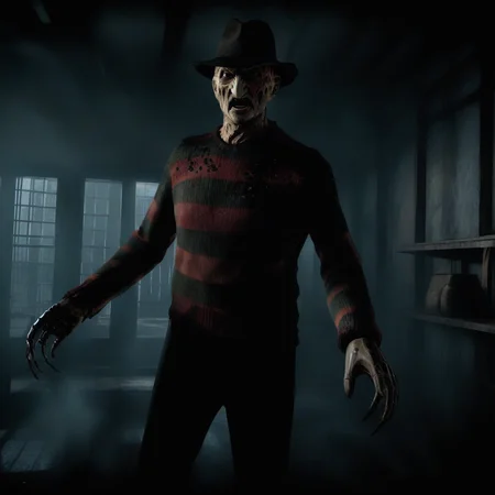 Ultra-realistic extremely detailed 8k photo of an open world horror game as scary nightmare demon FreddyKrueger, standing in the middle of the room, breathtakingly amazing artwork, beautiful composition, gorgeous and haunting lighting ((adult)), full shot, <lora:fatal style:0.8> fatal style, video game, night, horror, scary, creepy <lora:FreddyKrueger:1>