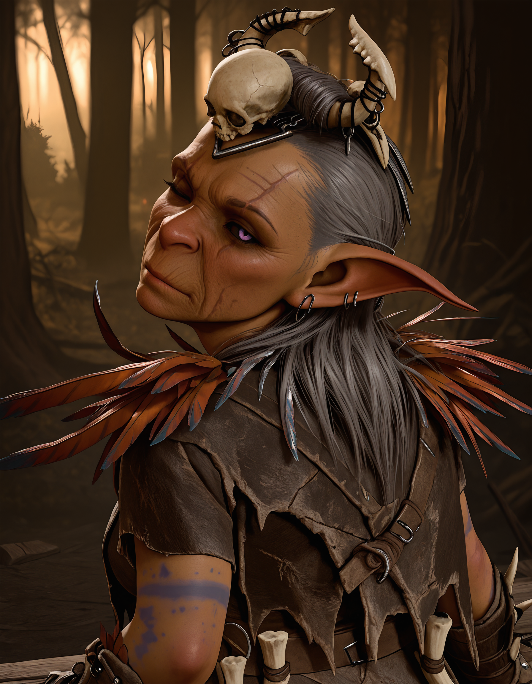 masterpiece, best quality, amazing quality, very aesthetic, absurdres, newest, volumetric lighting, <lora:BG3_PriestessGutGT:0.85>, bg3truesoulgut, (shortstack:1.3), outdoors, forest,
1girl, female goblin, mature female, colored skin, scar on face, right eye closed, grey hair, pointy ears, black sclera, purple eyes, hair slicked back, small breasts, ear piercing, earrings, scar on right eye, skull hair ornament, bone hair ornament, blue tattoos, patchwork clothing, shoulder feathers, bone gauntlets, bone belt, looking at viewer, head tilt, wrinkled skin, sitting, from behind, upper body,