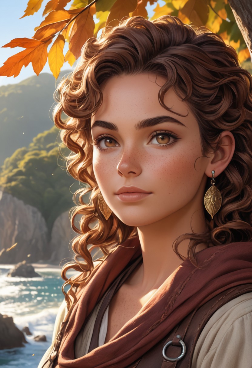 (photorealism:1.5)
female adventurer, curly brown hair, thoughtful expression, gazing at the majestic tree, falling leaves,  (feather earring), calm coastal village in the background, warm sunlight, vibrant colors, high contrast, hyper-realistic, serene atmosphere, pensive pose, detailed, high-definition, reflective mood, peaceful setting
slight freckles, long eyelashes, thick eyebrows,
