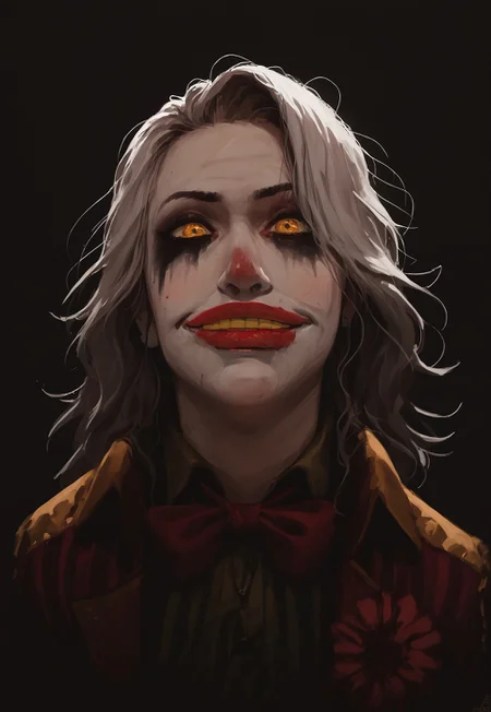 safe_pos, safe_pos, safe_pos, safe_pos, score_9, score_8_up, score_7_up, white hair, white wig, score_6_up, 1 female girl dbd_clown, facepaint, clown jacket, suspender, black boots, striped pants,,  tangled damp white hair,, smile, grin, teeth, constricted pupils, red lips, rainbow-colored shoulder-length damp hair, female, feminine face, long hair, woman, female, girl, clowngirl
, yellow teeth, , red tongue, teeth, front view, white painted skin, evil smil, Satisfied smile, yellow eyes, black pupils, looking at viewer, horror, scary face, monstrous, evil, expressiveh, g0thicPXL, glowing, neon,, zPDXL2