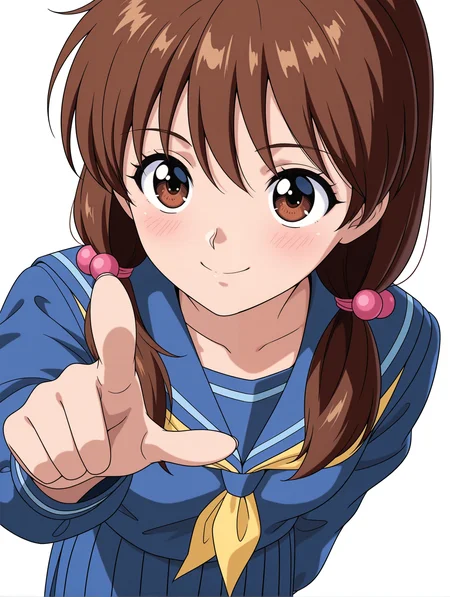 masterpiece,best quality,newest,
1girl,solo,
<lora:yukimura_keiko_ilxl_v1.1:1>,y_keiko,brown eyes,bangs,brown hair,low twintails,hair bobbles,
k_clothes,blue sailor suit,long_sleeves,blue shirt,yellow neckerchief,blue long skirt,
<lora:Fixhands_anime_bdsqlsz_V1:1>,looking_at_viewer,upper_body,face_focus,dynamic_angle,cinematic_angle,reaching,pointing,pov,smile,white_background,simple_background,blush,standing,