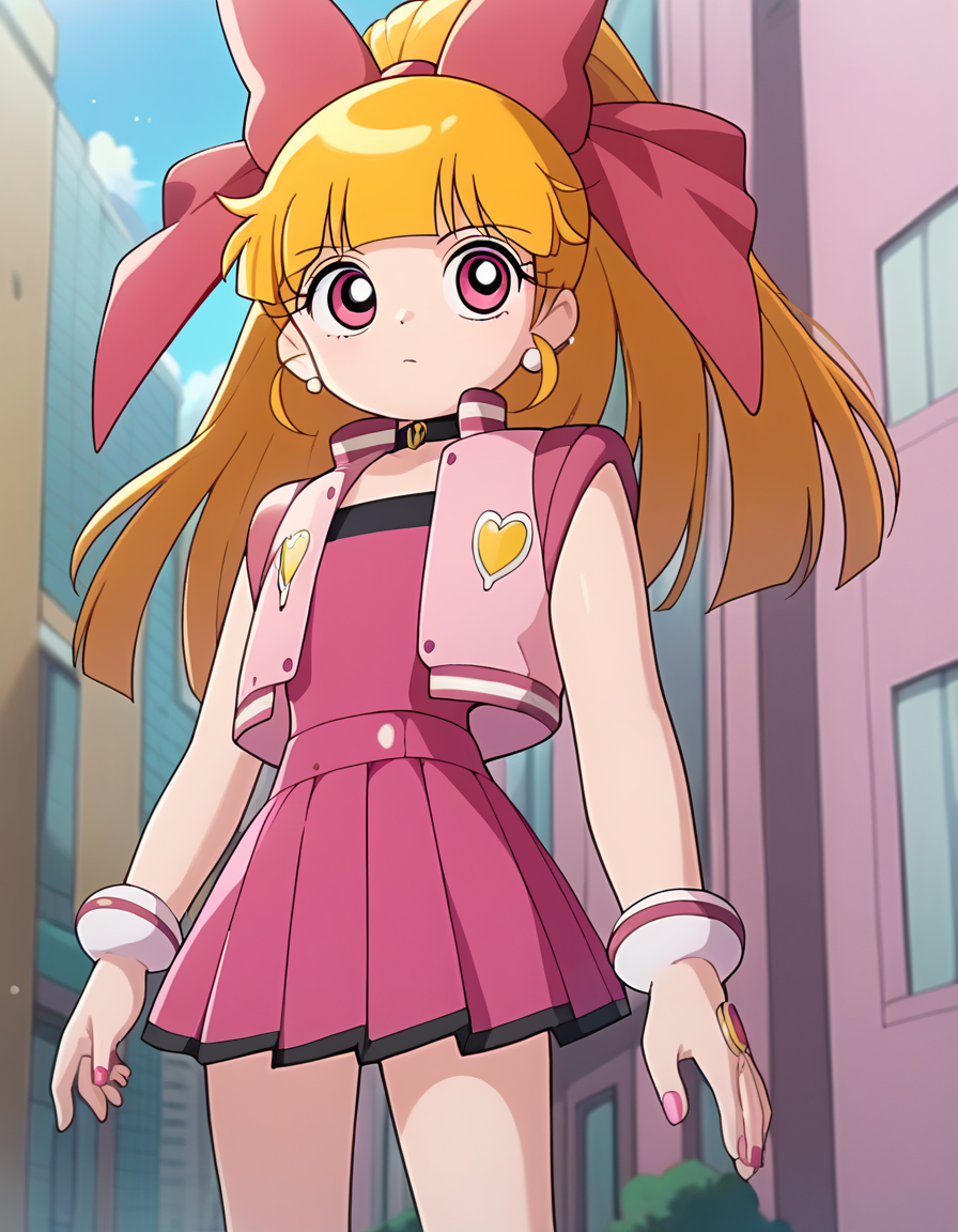 score_9, score_8_up, score_7_up,  1girl, source_anime, momoko blossom, , pink leotard, sleveless pink jacket , pink skirt,   <lora:Momoko-40:1>