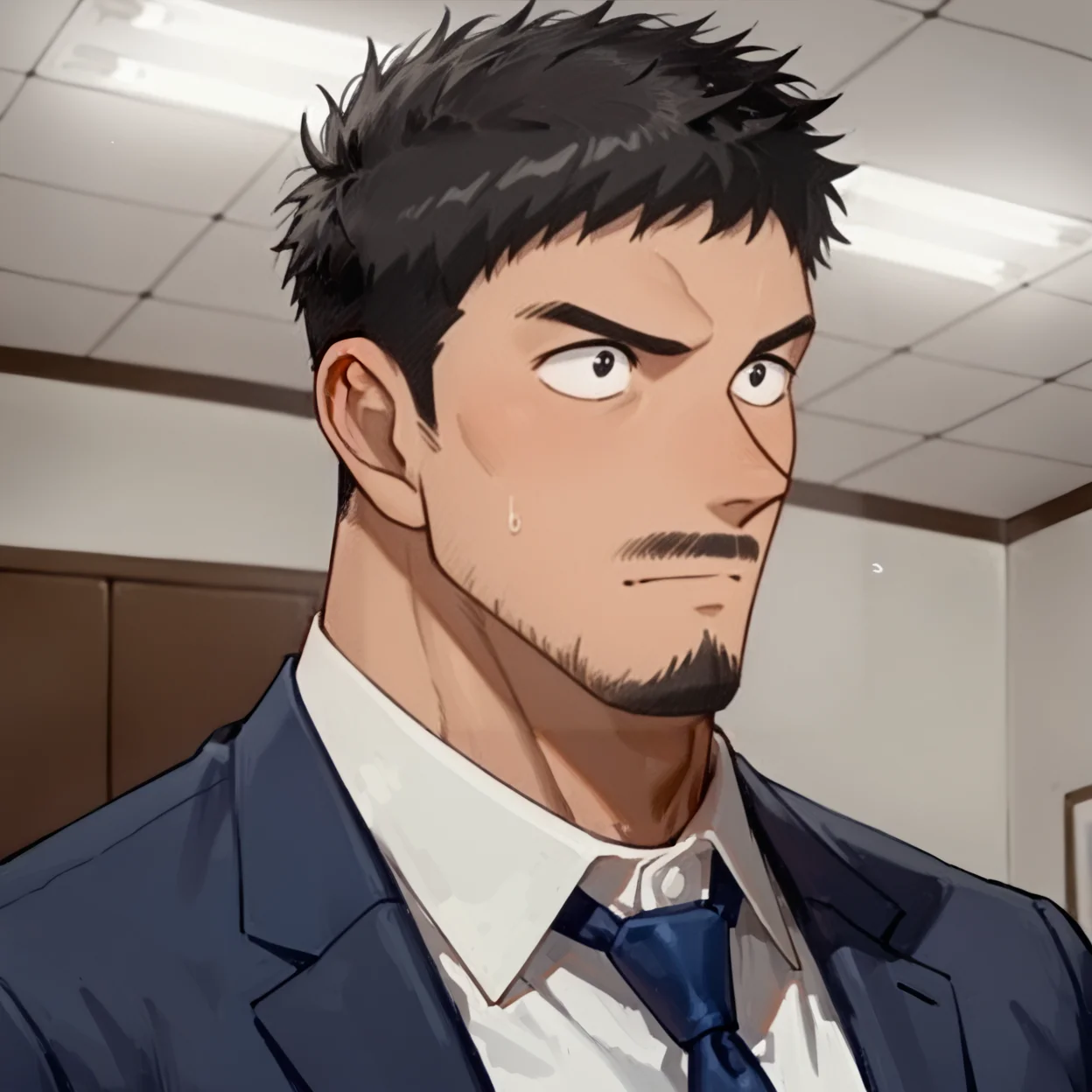 <lora:Ginzo_Nakamori__Detective_Conan_Delegated_Roles:.9>, Ginzo Nakamori, mustache, blue suit, white shirt, open clothing, blue necktie, undone necktie,
(very short hair, beard, bara, mature, facial hair, stubble, beard, full beard, sideburn, beard, a lot of beard, ), facial hair,male focus, muscular male, muscular male, bara, mature, bara, mature, aixiwuganda_(20222192), very awa, masterpiece, best quality, absurdres, newest, perfect quality, detailed background, intricate details,
<lora:slider_Body Type_alpha1.0_rank4_noxattn_last:3><lora:style_Anime Summer Days 2 Style SDXL_LoRA_Pony Diffusion V6 XL:.6><lora:slider_cfg_scale_boost:.7><lora:Artist6p:.55>, Artist6p, Artist04p,<lora:slider_il_brightness_slider_d1:-1><lora:slider_il_contrast_slider_d1:-1><lora:slider_DarkSlider1.2_alpha1.0_rank16_full_300steps:-.6>