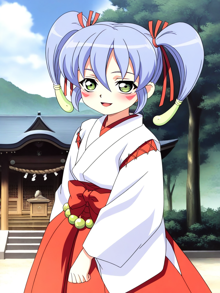general,highres, ultra-detailed,very aesthetic,best quality ,best hands, BREAK <lora:Nazuna_Onmyou_Taisenki_Ver2.0_IS:1>
Nazuna, 1girl, solo, blue hair, short hair, red ribbon, hair ribbon, short twintails, magatama hair ornament,green eyes, light smile,
1girl, solo, japanese clothes, miko, green eyes, red hakama, long hair, skirt, open mouth, hakama, blue hair, blush, hakama skirt, long sleeves, facial mark, golden beads, waist beads,
red triangle facial mark, hair between eyes,white kimono,cross-laced sleeves,long sleeves, wide sleeves, red hakama pants, red layered waist bow,
shrine, outdoor, sky, tree,