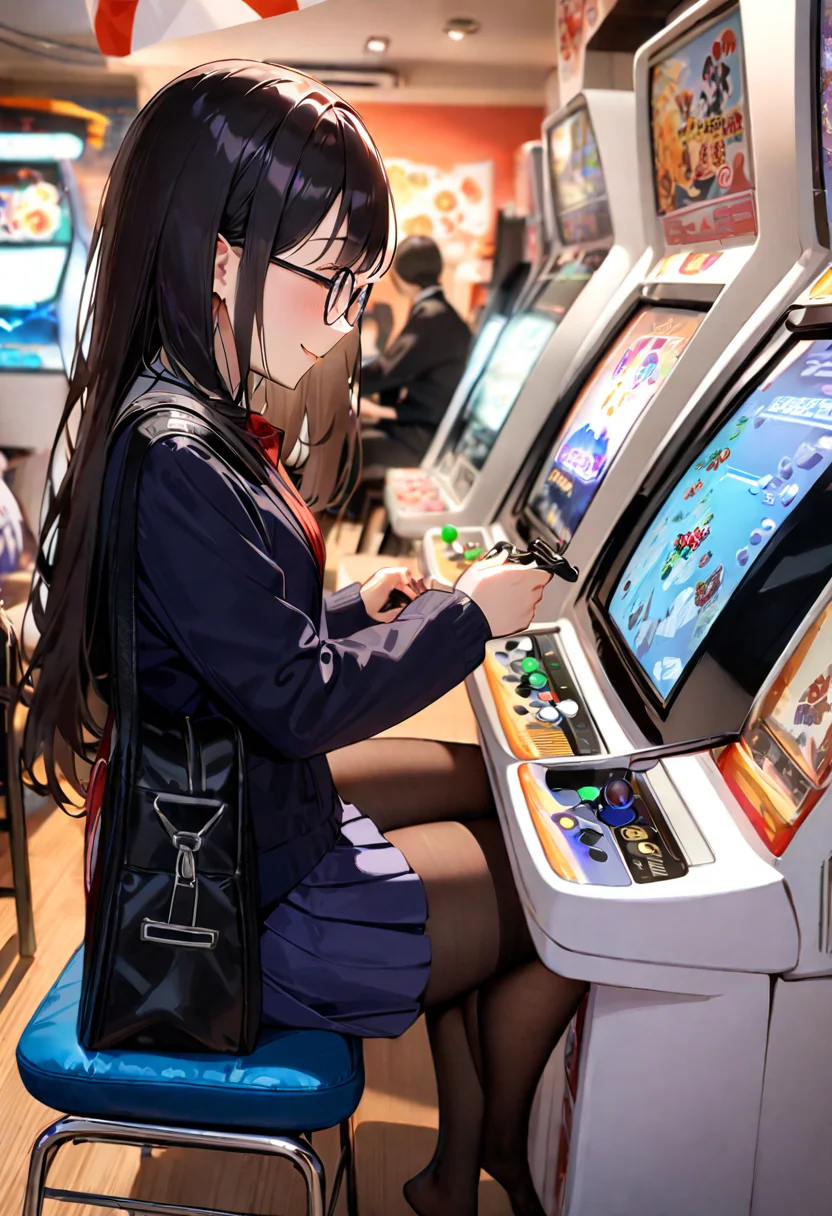 masterpiece, best quality, very aesthetic, absurdres,
1girl, solo, glasses, black hair, long hair, navy jacket, navy pleated skirt, pantyhose, black bag, smile, sitting, solo focus, from side, playing games,
game_center, scenery, japan, arcade cabinet, scenery, chair, poster (object),
<lora:game_center_SDXL_V1:1>