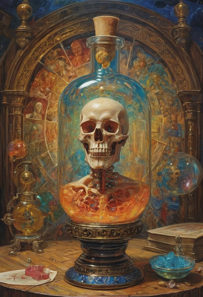 (art by Eduard Wilhelm Pose and Master of the Holy Blood and Ivan Bilibin:1.1), symmetry and balance, detailed, FastNegativeV2, ral-dissolve,Completely (James Ensor,Unica Zurn,Zdzislaw Beksinki:1.25), Paranormal, Apparition, intricate, oil on canvas, (surrealism:1.1), detailed, FastNegativeV2, amazing quality, masterpiece, best quality, hyper detailed, ultra detailed, UHD, perfect anatomy, (Award winning, masterpiece), alchemist, glass vial, flasks, vibrant colors, iridescent