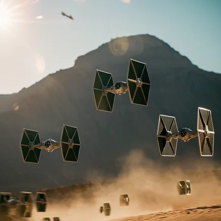 cinematic film still of <lora:star wars style v2:0.2>
<lora:detailed:0.4> detailed
<lora:perfection style:0.4> perfect
<lora:Chiaroscuro Lighting Style:0.2>
<lora:TIE fighter:0.9>
TIE fighter a group of star wars tie fighters flying in formation,outdoors,sky,no humans,scenery,lens flare,flying,science fiction,mountain,aircraft,sun,desert , star wars style, shallow depth of field, vignette, highly detailed, high budget, bokeh, cinemascope, moody, epic, gorgeous, film grain, grainy