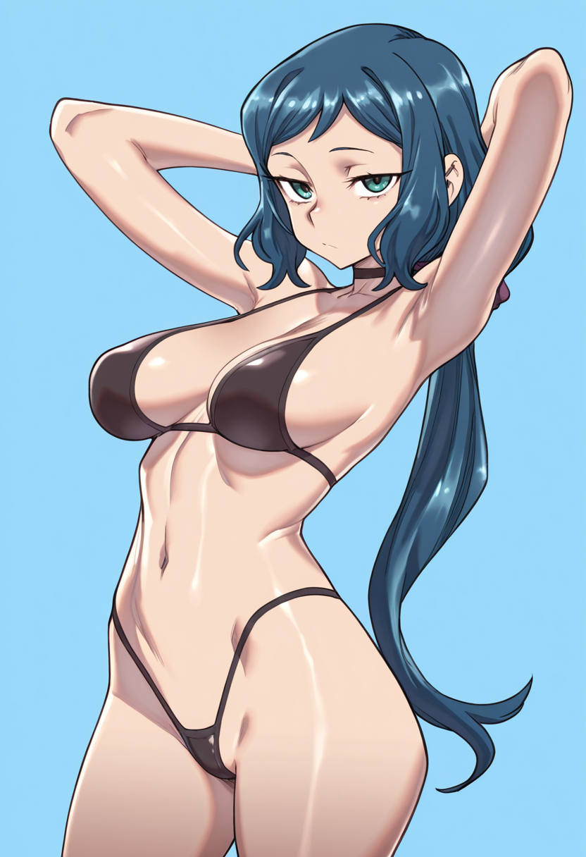 masterpiece, best quality,
High up, looking at viewer, half-closed eyes, 
iori rinko, aqua eyes, long hair, blue hair, sidelocks, ponytail,, medium breasts,
bikini, thong, ,
simple background, blue background,
 <lora:Zunta:0.8> Z0nt4,