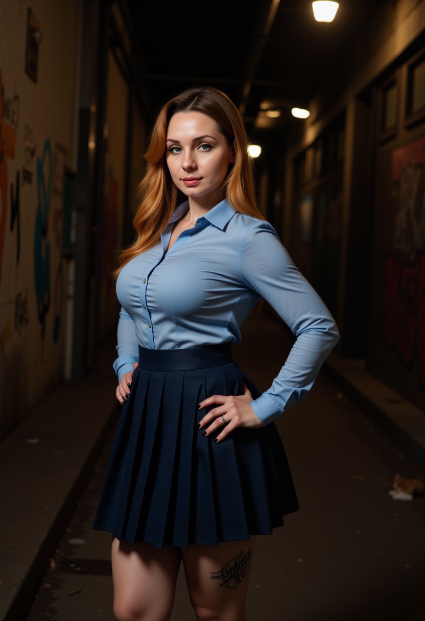 Valeria stands confidently in a dimly lit urban alleyway, her dark blue pleated skirt shortened to accentuate her long, toned legs. The skirt flows lightly against her figure, paired with a light blue button-up shirt tailored closely to her curvy frame. The shirt's snug fit highlights her sensual silhouette, with the fabric stretching subtly across her form and the top buttons left undone to add an air of intrigue. Her white knee-high socks and polished black loafers complete the look, blending elegance with bold allure.  
The medium close-up shot focuses on her upper body, emphasizing her sultry demeanor. Her vibrant red hair with golden highlights cascades over her shoulders, framing her glowing porcelain skin and delicate features. Her gaze is magnetic—eyes half-lidded, lips parted in a soft, suggestive smirk. Her intricate tattoos, now more prominently displayed, weave seductively along her arms, adding a rebellious edge to her refined look.  
The alleyway sets a gritty, intimate mood, with graffiti-covered walls and scattered urban details blurred into the background. A dim overhead light casts a warm, dramatic glow, creating deep shadows and soft highlights that contour her figure. The cinematic lighting accentuates her glowing skin and vibrant hair, drawing all attention to her commanding presence.