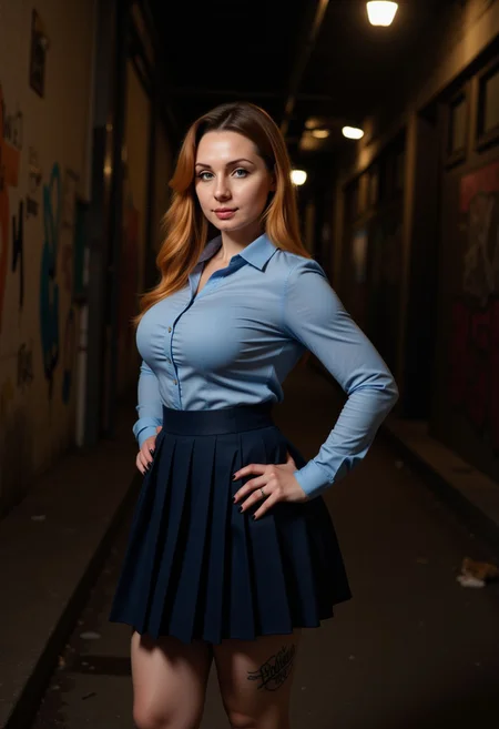 Valeria stands confidently in a dimly lit urban alleyway, her dark blue pleated skirt shortened to accentuate her long, toned legs. The skirt flows lightly against her figure, paired with a light blue button-up shirt tailored closely to her curvy frame. The shirt's snug fit highlights her sensual silhouette, with the fabric stretching subtly across her form and the top buttons left undone to add an air of intrigue. Her white knee-high socks and polished black loafers complete the look, blending elegance with bold allure.
The medium close-up shot focuses on her upper body, emphasizing her sultry demeanor. Her vibrant red hair with golden highlights cascades over her shoulders, framing her glowing porcelain skin and delicate features. Her gaze is magnetic—eyes half-lidded, lips parted in a soft, suggestive smirk. Her intricate tattoos, now more prominently displayed, weave seductively along her arms, adding a rebellious edge to her refined look.
The alleyway sets a gritty, intimate mood, with graffiti-covered walls and scattered urban details blurred into the background. A dim overhead light casts a warm, dramatic glow, creating deep shadows and soft highlights that contour her figure. The cinematic lighting accentuates her glowing skin and vibrant hair, drawing all attention to her commanding presence.