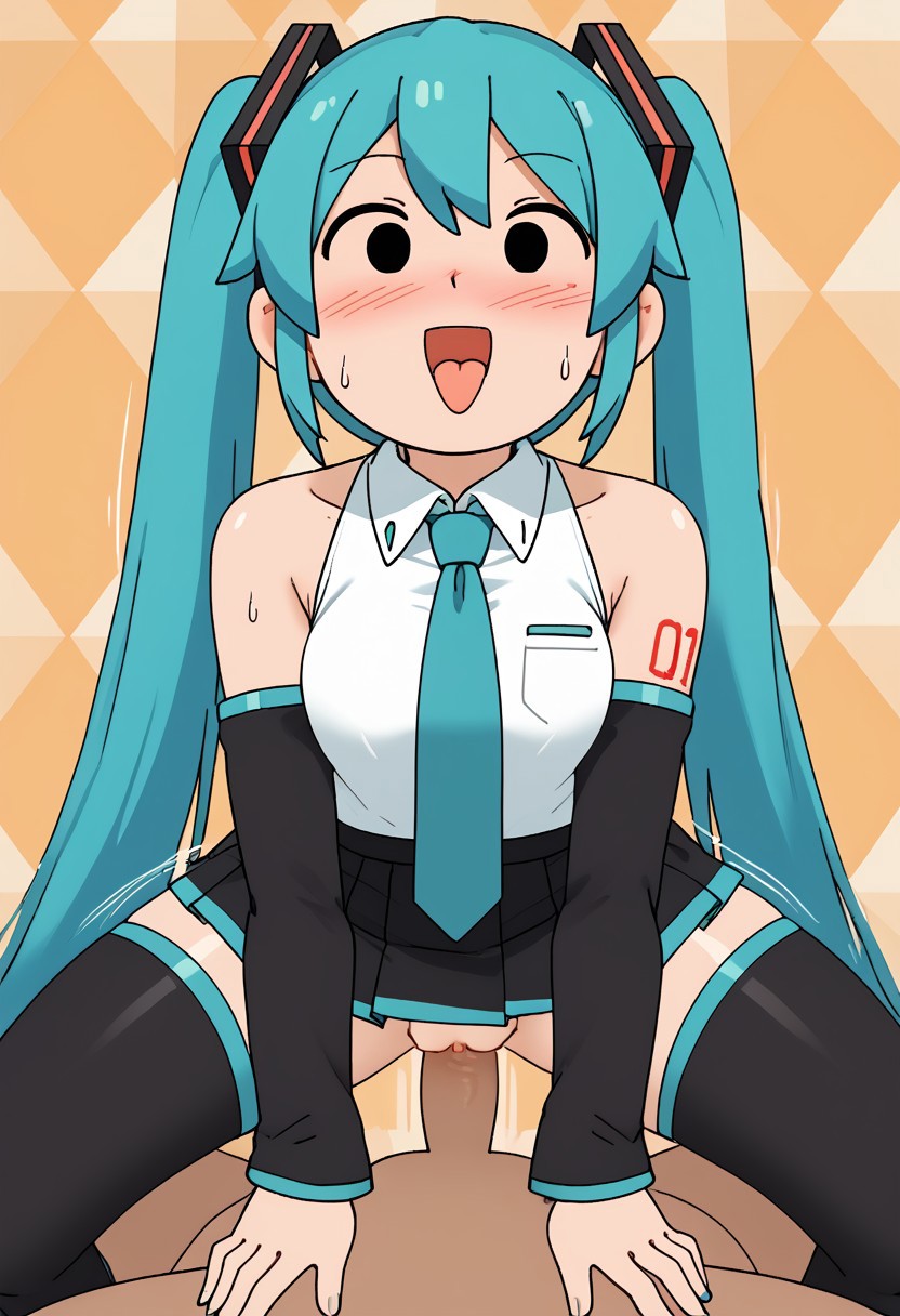 score_4,score_5,score_6,score_7_up,score_8_up,score_9 ((masterpiece,best quality,ultra detailed,highres,HD,4k:1.2)), 
jyuukyuu, flat color, deformed, deformed characters, round face,mob face,
((mob face,black eyes, eyes filled with black)),
Colorful background,
1 girl,1boy,hetero,pov,solo forcus,girl forcus, perfect penis,perfect nipples,perfect pussy, nsfw,Expressive,sex,straddling,cawgirl,cawgirl sex, blush,smile,open mouth,
 hatsune miku,absurdly long hair,aqua hair,twintails,hair ornament,sidelocks,hair between eyes,parted bangs, white shirt,collared shirt,bare shoulders,sleeveless shirt,aqua necktie,detached sleeves,black sleeves,shoulder tattoo,fringe,black thighhighs,miniskirt,pleated skirt,zettai ryouiki,thigh boots,
((open mouth,Sticking out tongue,blush,arousal, orgasmic arousal, sweat, steam,heart,heart effect)) ((motion blur, motion lines:1.2))